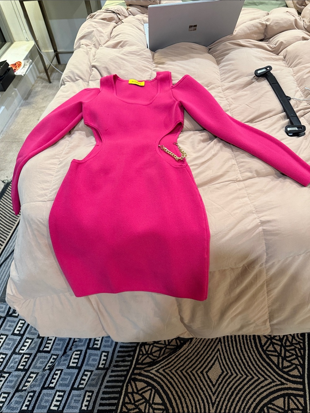 DUNDAS Hot Pink Cutout Long Sleeve Bodycon Dress with Gold Chain